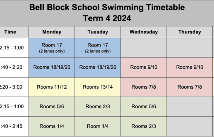 SWIMMING TIMETABLE TERM 4 2024